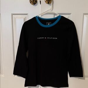 Tommy Hilfiger Black Long Sleeve Tee with Blue Neck Trim
